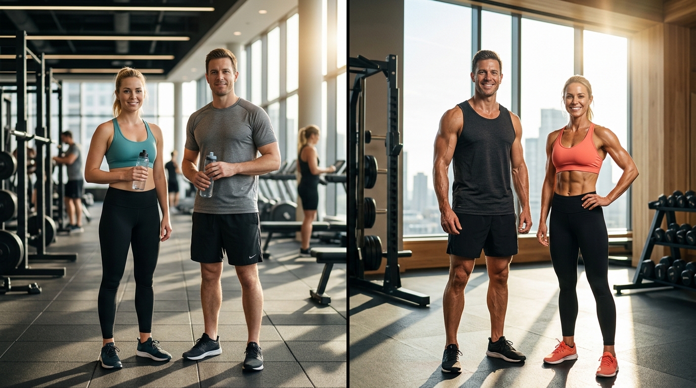Split-screen image of the same healthy man and woman showing a realistic fitness transformation. The left side features them at the beginning of their workout journey with an average physique, casual gym clothing, and a neutral posture