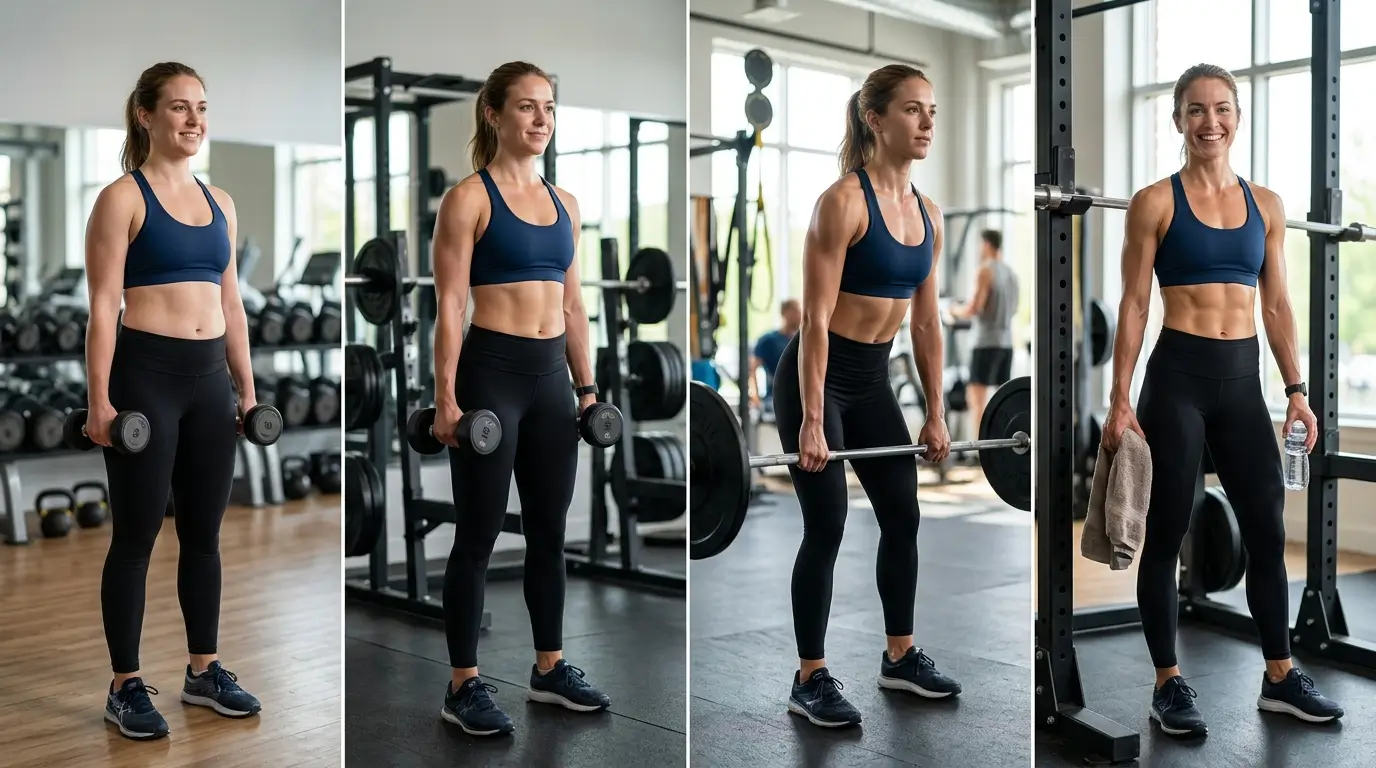 A visual fitness progress timeline showing the same athletic person across four stages of transformation, from Week 1 to Month 3 and beyond. Each section highlights gradual improvements in muscle definition, strength, posture