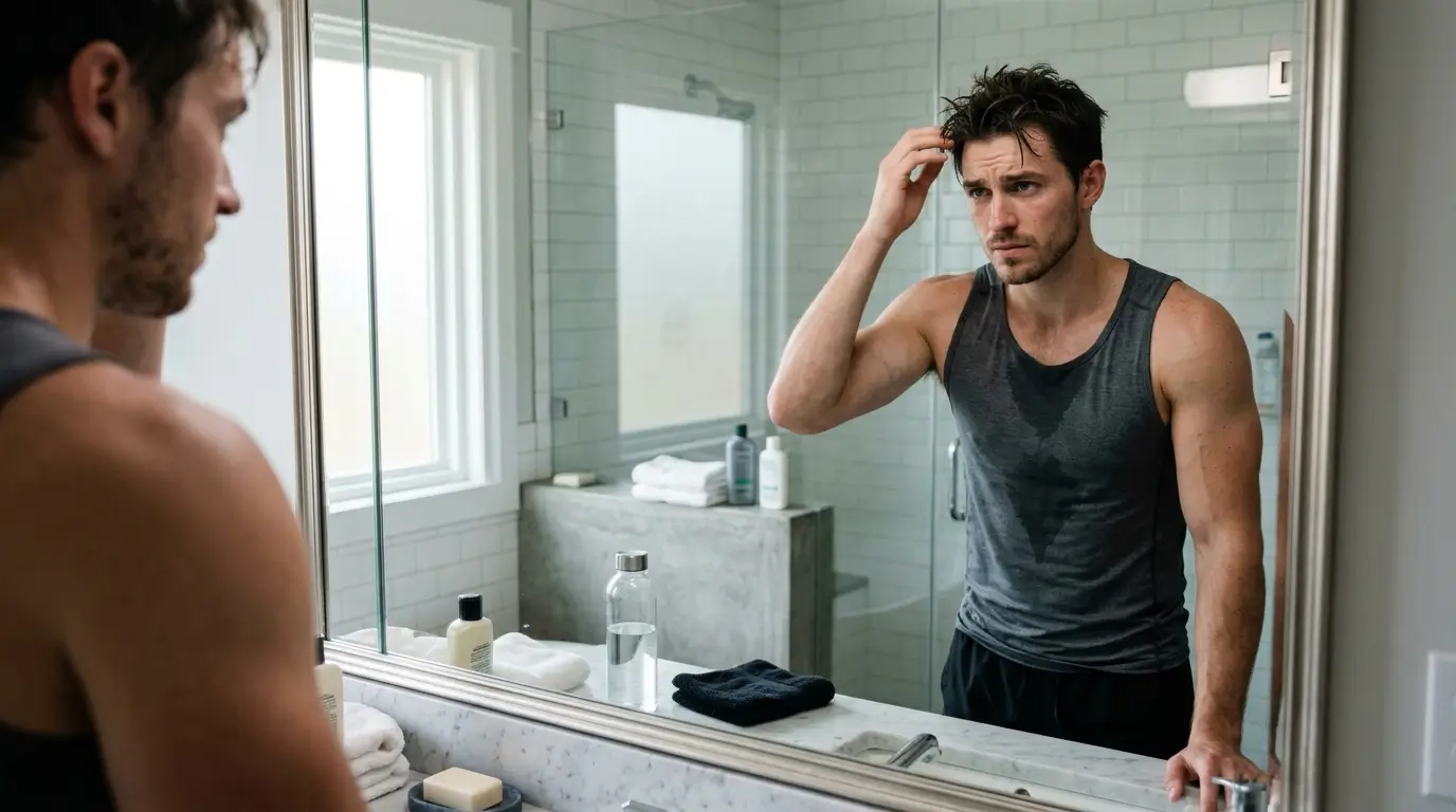 A realistic fitness enthusiast stands in front of a modern bathroom mirror with a slightly frustrated yet hopeful expression, checking their physique after a workout. Their athletic body shows a subtle muscle pump with mild water retention