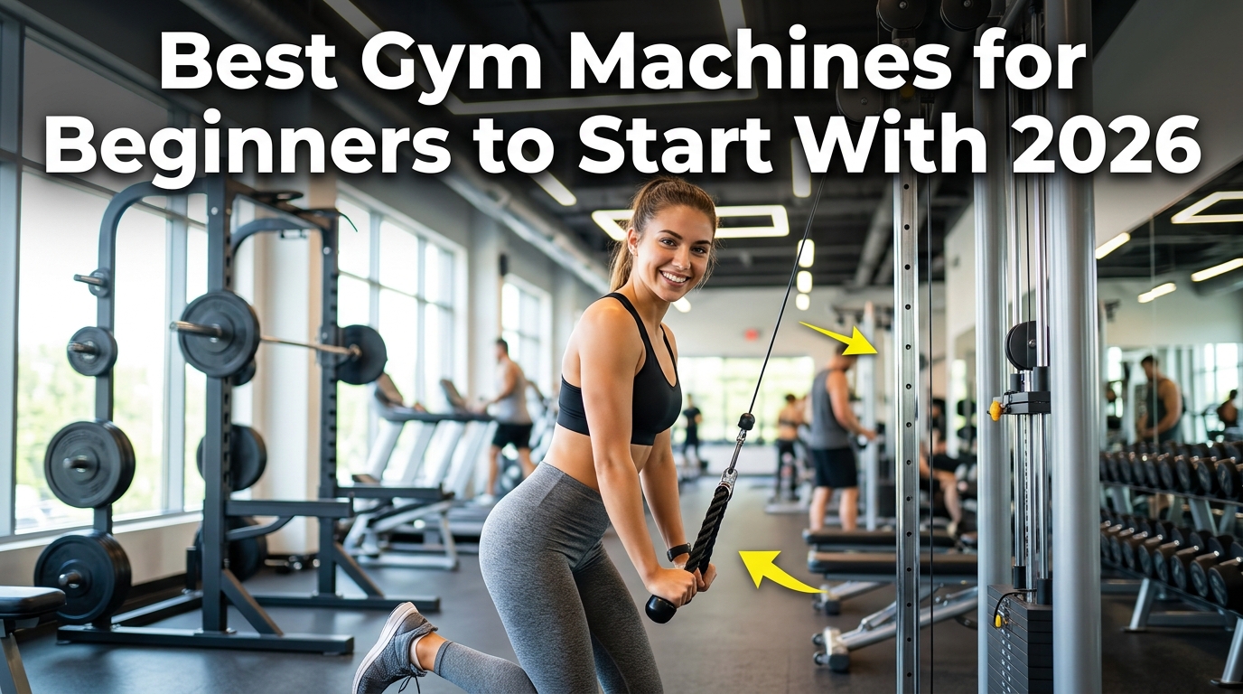 A beginner using easy-to-learn gym machines in a modern fitness center, including a treadmill, leg press, lat pulldown, chest press, and seated row machine. A personal trainer demonstrates proper form while the clean, well-equipped gym is filled with natural light, creating a welcoming environment for "Best Gym Machines for Beginners to Start With 2026."
