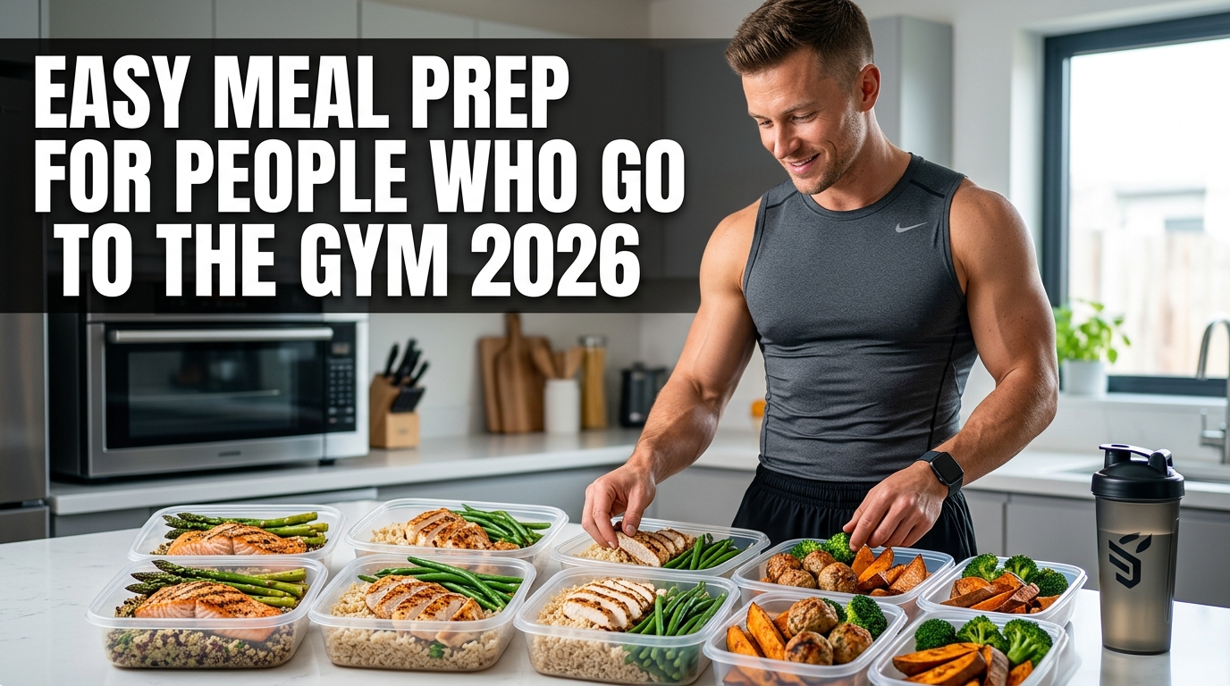 A fitness enthusiast preparing healthy meal prep containers filled with grilled chicken, brown rice, roasted vegetables, eggs, and fresh fruit on a modern kitchen countertop. A gym bag, shaker bottle, and water bottle sit nearby, highlighting convenient nutrition for an active lifestyle. Bright natural lighting, realistic food photography, and a clean, organized kitchen setting for "Easy Meal Prep for People Who Go to the Gym 2026."