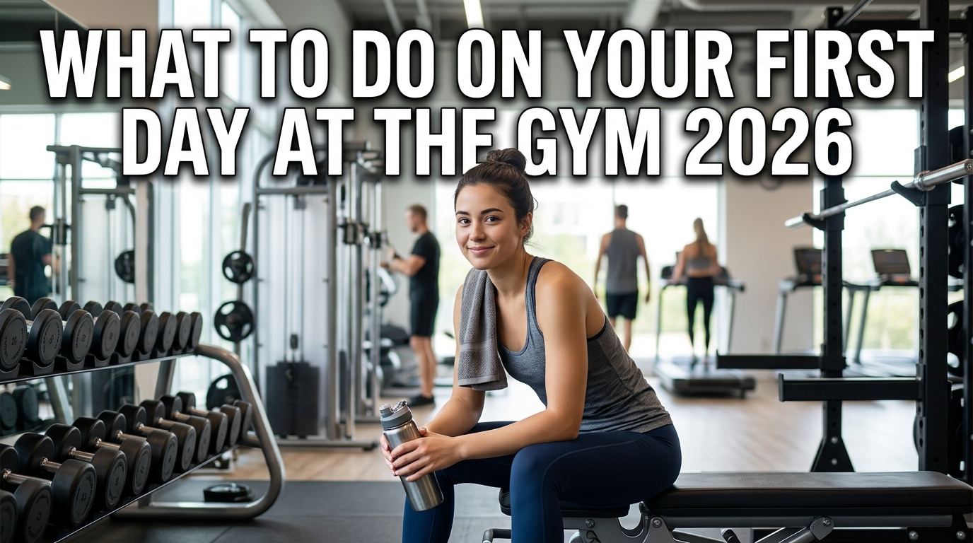 A beginner entering a modern gym for the first time, confidently following a simple workout routine with the guidance of a personal trainer. The scene includes dumbbells, cardio machines, a water bottle, and a gym bag, creating a welcoming fitness environment that encourages safe and effective exercise. Bright natural lighting, realistic sports photography, and a motivational atmosphere for "What to Do on Your First Day at the Gym 2026."