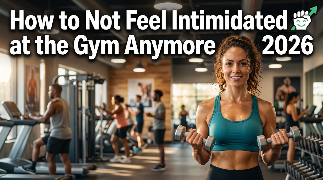 A confident beginner exercising in a modern gym after overcoming gym anxiety, smiling while using dumbbells with proper form. Friendly gym members and a supportive trainer create a welcoming atmosphere, with bright natural lighting, clean fitness equipment, and a motivating environment that represents "How to Not Feel Intimidated at the Gym Anymore 2026."