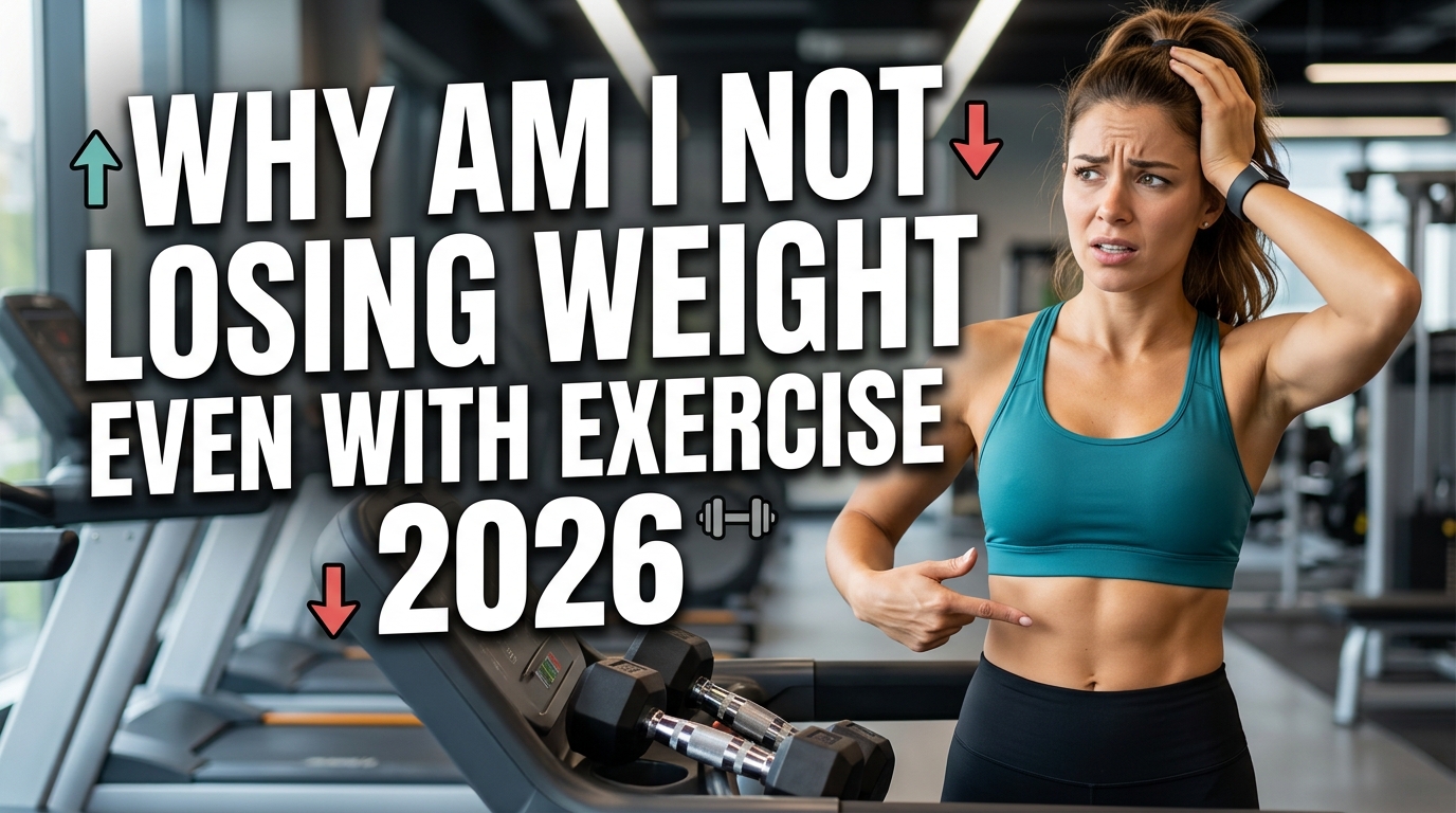 A determined person exercising on a treadmill and lifting weights in a modern gym while looking frustrated at a scale showing no change in weight. Healthy meals, a water bottle, and a fitness tracker are nearby, illustrating the challenge of not losing weight despite regular exercise. Bright natural lighting, realistic fitness environment, and a motivational healthy lifestyle concept for "Why Am I Not Losing Weight Even With Exercise 2026."