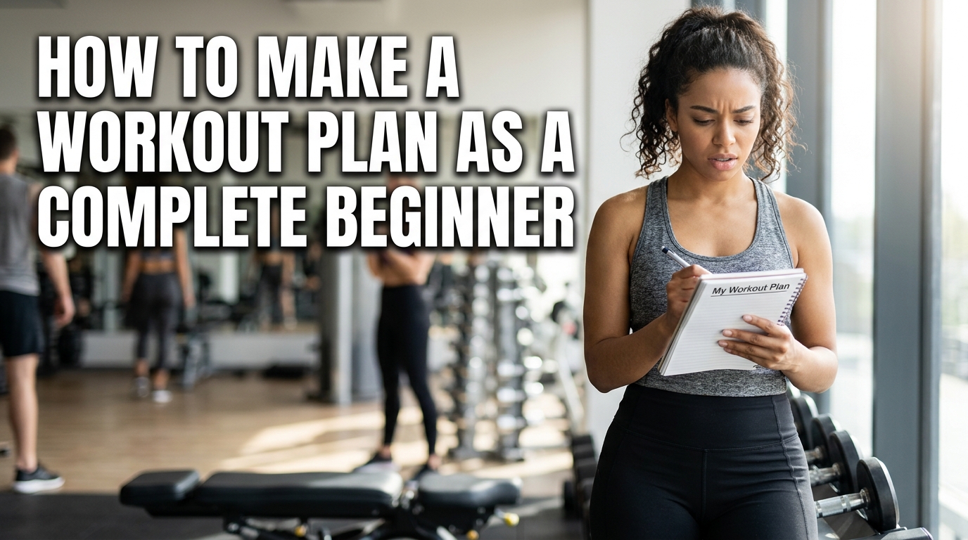 A complete beginner creating a personalized workout plan in a modern gym, reviewing a fitness schedule on a notebook while surrounded by dumbbells, resistance bands, and cardio equipment. A personal trainer offers guidance, emphasizing realistic fitness goals, proper exercise planning, and a structured beginner workout routine. Bright natural lighting, realistic sports photography, and a motivating gym environment for "How to Make a Workout Plan as a Complete Beginner."